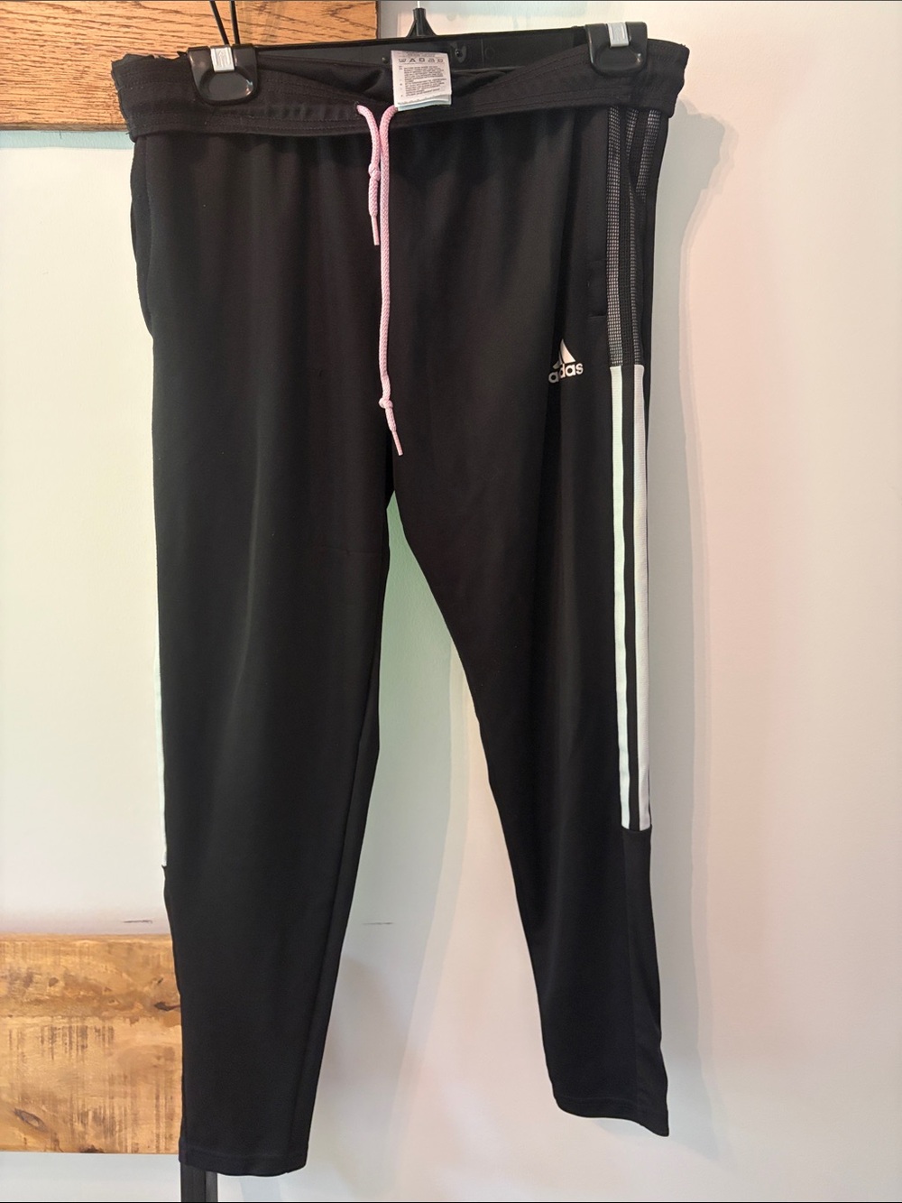 adidas Black Jogger Sweatpants with White Side Stripes and Pink Drawcord